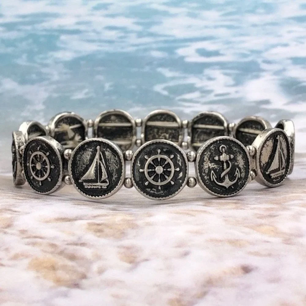 🌼 Nautical Coin Burnished Silver Stretch Bracelet